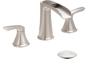 Fapully Brushed Nickel Bathroom Faucet 3 Hole, Waterfall 8 Inch Widespread Bathroom Sink Faucet with Pop-up Drain, Two-Handle Faucet for Bathroom Sink