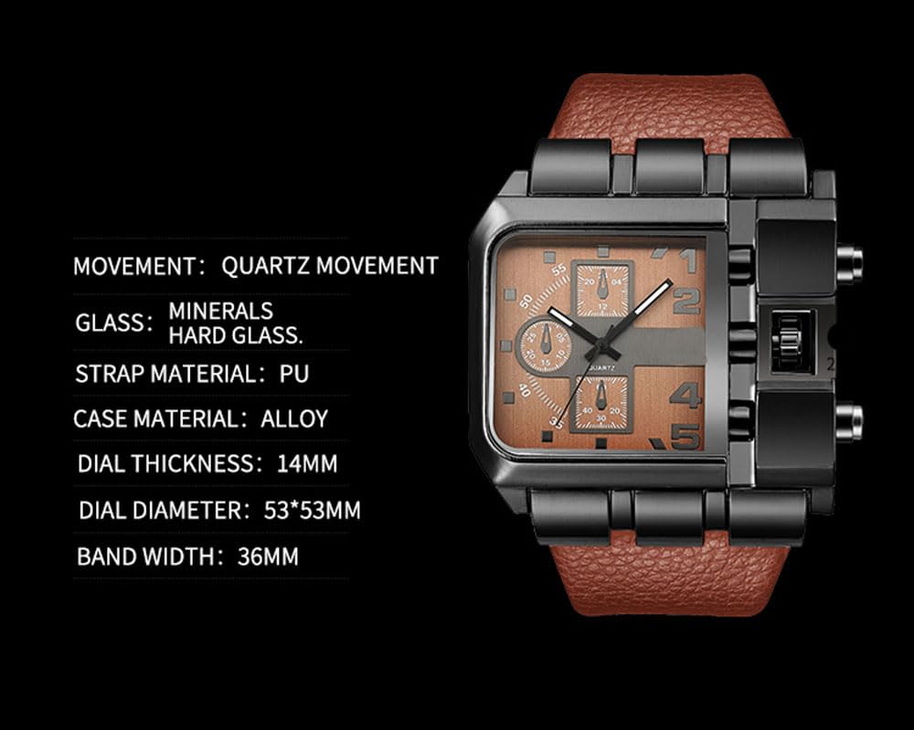 Reginald Hip hop Men's Watch Big Face Watch for Men Square Novel Face Dial Stainless Steel Quartz Leather Strap WristWatches