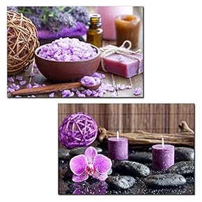 2 Panel Canvas Wall Art - Purple Spa Still Life with Bath Salt and Scented Candles - Giclee Print Gallery Wrap Modern Home Art Ready to Hang - 16"x24" x 2 Panels