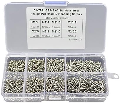 Adiyer [800 Pack] Metric M2 Self Tapping Screws Assortment Kit, Pan Head, Phillips Drive, 304 Stainless Steel