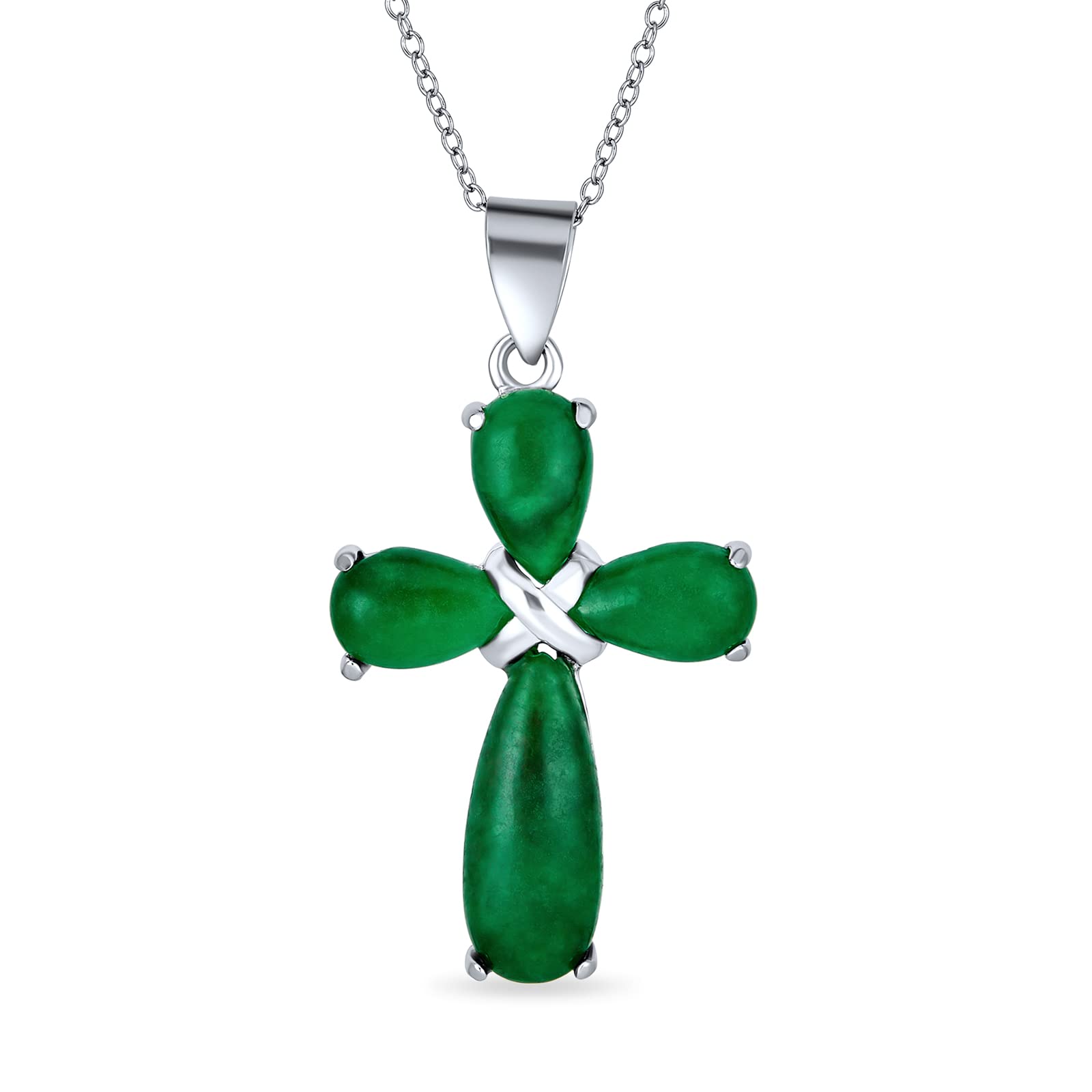 Bling Jewelry Timeless Fashion Cabochon Genuine Gemstones Green Jade Cross Pendant Necklace For Women Teen .925 Sterling Silver With Chain — image 1
