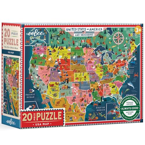 eeBoo: USA Map - 20-Piece Puzzle – 11x15 Educational Geography & Cultural Awareness Jigsaw, Oversized Pieces, Skill Building Play, Preschool, Kids 3+