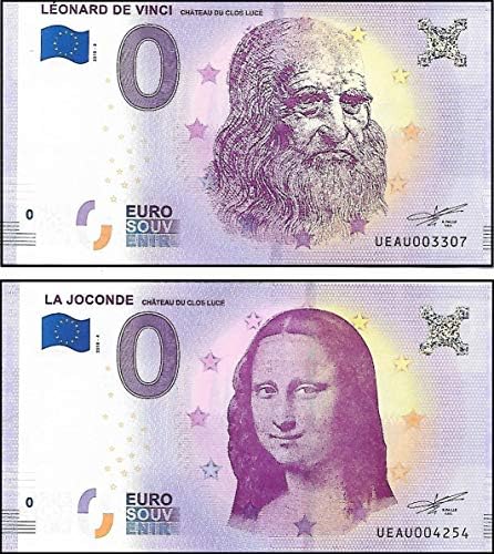 Set of Two Rare Notes. Zero Euro Souvenir banknote with Authorized Printing by The European Central Bank (ECB)