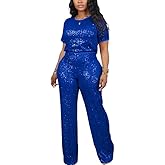 LROSEY Womens Sequin Two Piece Set Glitter T Shirts Top Sparkly Pants Suit for Birthday Party Disco Outfits