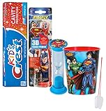 Super Hero Inspired 5pc Bright Smile Oral Hygiene Set! Superman Spin Toothbrush, 3D Brush Cap, Brushing Timer, Toothpaste & Mouthwash Rinse Cup! Plus Bonus 
