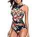 Womens One Piece Floral Swimsuits Front Criss Cross Backless Tummy Control Bathing Suits