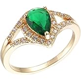 Ganquya Plated Gold Teardrop Simulated Emerald Cubic Zirconia Halo Ring for Women Pear Shape Green Gemstones Wedding Engagement Promise Ring Finger Jewelry Size 6-10