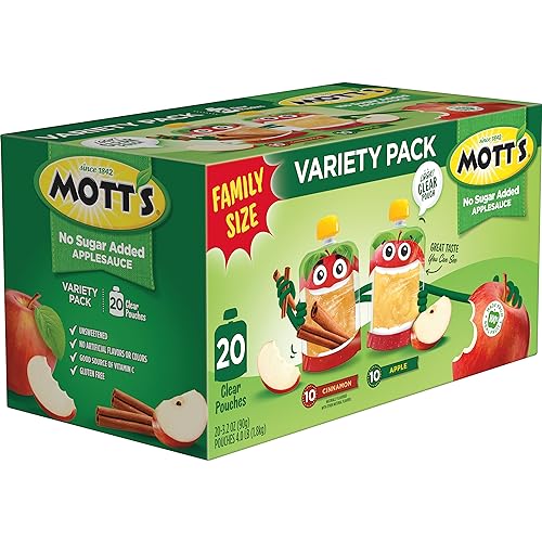 MOTT’S NO SUGAR ADDED APPLESAUCE VARIETY PACK, CINNAMON AND APPLE, MADE FROM REAL FRUIT, NO ARTIFICIAL FLAVORS, 3.2 OZ CLEAR POUCHES, 20 PACK