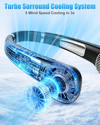 Neck Fan with Cooling - Quiet Neck Fan USB, Portable Neck Fan Lightweight, Rechargeable Neck Fan with Battery 4000 mAh, Small Neck Fans Strong 5 Levels Neck Cooler for Office, Travel, Sports