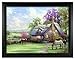 3D Pastoral Scene Picture - Country Cottage with Trees & Horses Grazing - Black Framed Artwork - 3D Holographic Wall Art
