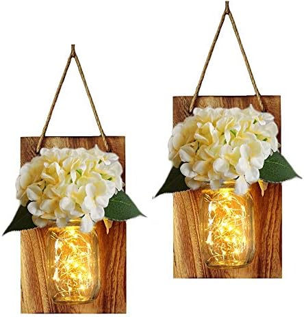 Rustic Hanging Mason Jar Lights,2 Pack Mason Jar Sconces with Battery Powered LED Fairy Lights,Silk Hydrangea Flowers,Handmade Hemp Rope,Mason Jar Decor Rustic Home Decor