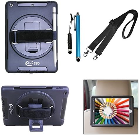Cellular360 Shockproof Case for iPad 6th Gen, iPad 5th Gen, iPad 9.7 (iPad 6 & iPad 5), Car Headrest Mount Case with 360 Degree Swivel Kickstand, Handle, Pencil Holder and Adjustable Shoulder Strap