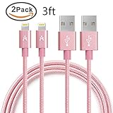 JJCall Lightning to USB Cable, 2 Pack 3 Feet Nylon Braided Sync and Usb Charging Cable/Cord for iPhone,iPad, iPod(Rose Gold)