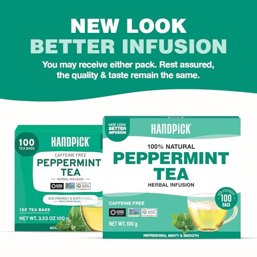HANDPICK, Peppermint Tea Bags (100 Herbal Tea Bags) Caffeine Free, Non-GMO | 100% Halal Certified | Minty, Fresh & Cool flavor | Premium Round Eco Conscious Tea Bags