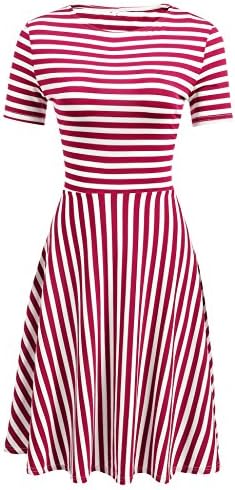 Womens Casual Striped Flare A-Line Summer Dress - Ladies O-Neck Short Sleeve Knee Lenth Swing Midi Dress