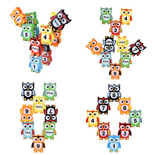 image for FUN LITTLE TOYS 55 PCs Wooden Toys Building Blocks, Elephant and Owl B
