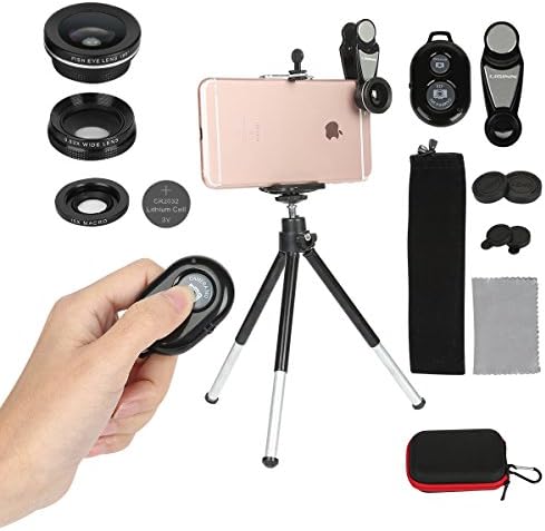 Phone Camera Lens,3 In 1 Clip On Iphone Lens Kit,198 Degree Fisheye + 15X Macro + 0.63X Wide Angle Lens,Phone Mount + Tripod for Iphone X/8 Plus/8/7 Plus/7/6/6s plus Samsung &amp; Most Android Phones