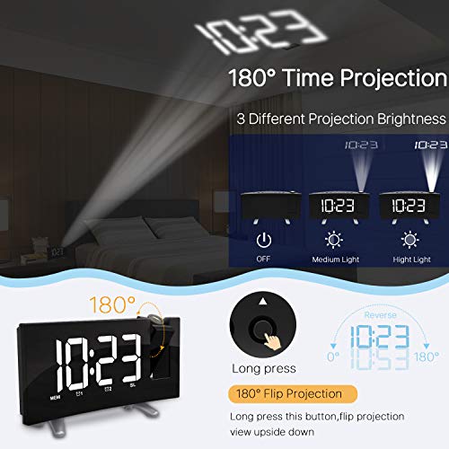 CSHID-US Projection Alarm Clock, 7'' Dimmable LED Curved Screen Digital Clock, FM Radio Alarm Clock, Adjustable Ceiling Sleep Timer for Kids Bedroom, Dual Alarms, 12/24 Hour, Snooze Function