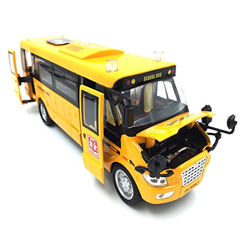 Pull Back Vehicles, Large Bright Yellow Pull Back School Bus Die-cast Metal Toy Vehicles with Lights Sounds and Openable Doors
