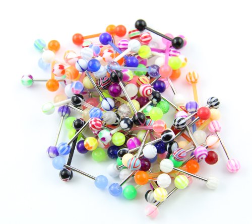BODYA Wholesale Assorted 100 14g Mixed Uv Acrylic Ball Tongue Rings Lot Barbells Stainless Steel Body Jewelry