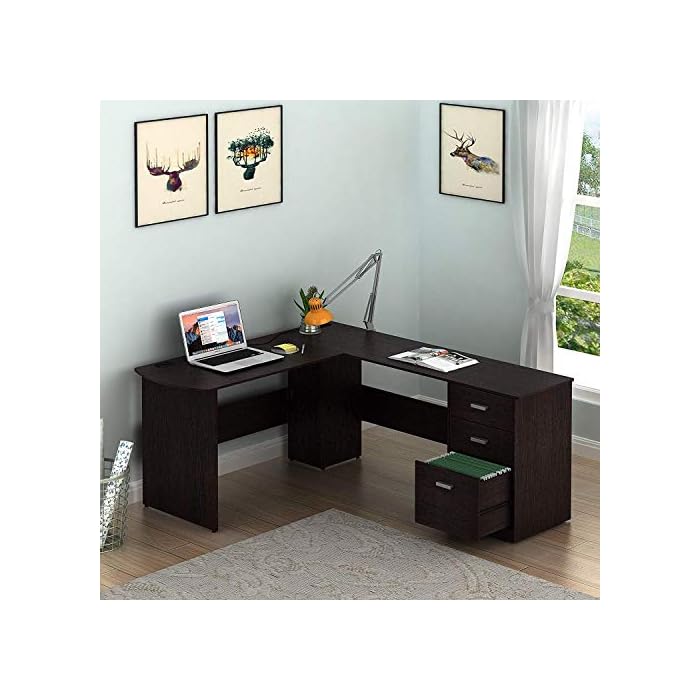 SHW LShaped Home Office Wood Corner Desk with 3 Drawers, Espresso