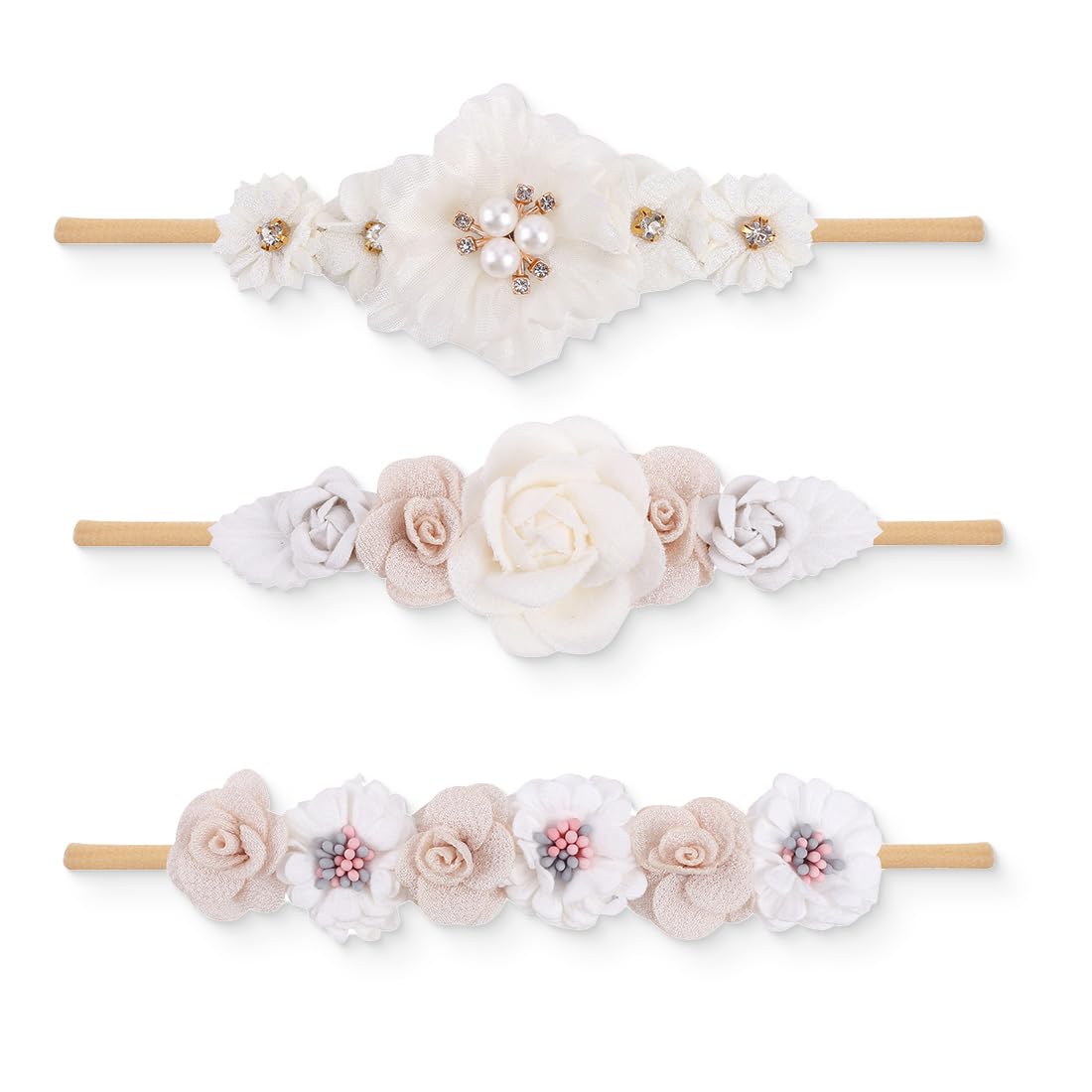 FMYODWU 3 Pieces Baby Floral Headband, Stretch Floral Headband, Stretchable Nylon Baby Headband for Party and Family Photography, Kids and Baby Daily Use