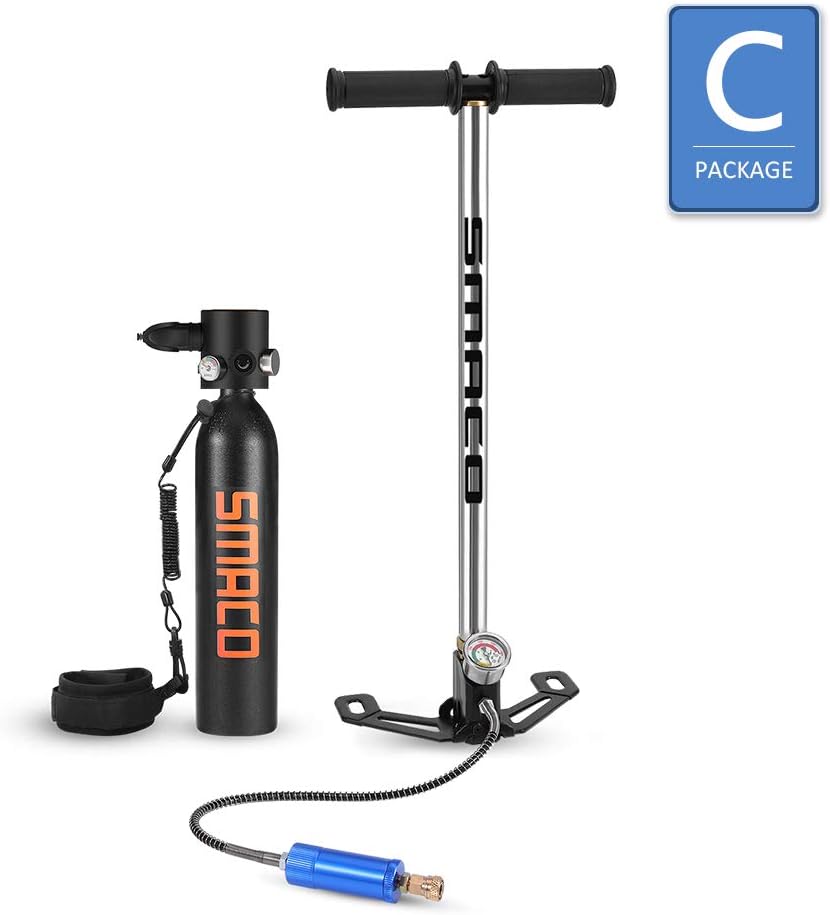 SMACO New Generation Scuba Diving Tank Equipment, Mini Scuba Dive Cylinder with 5-12 Minutes Capability, 0.7 Litre Capacity with Refillable Design, Pony Bottle for Emergency Backup (Black)