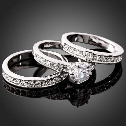 Calvinci - 3in1 Fashion Crystal CZ White Gold Plated GP Engagement Wedding Band Rings (USA Size 9) YRS 1149