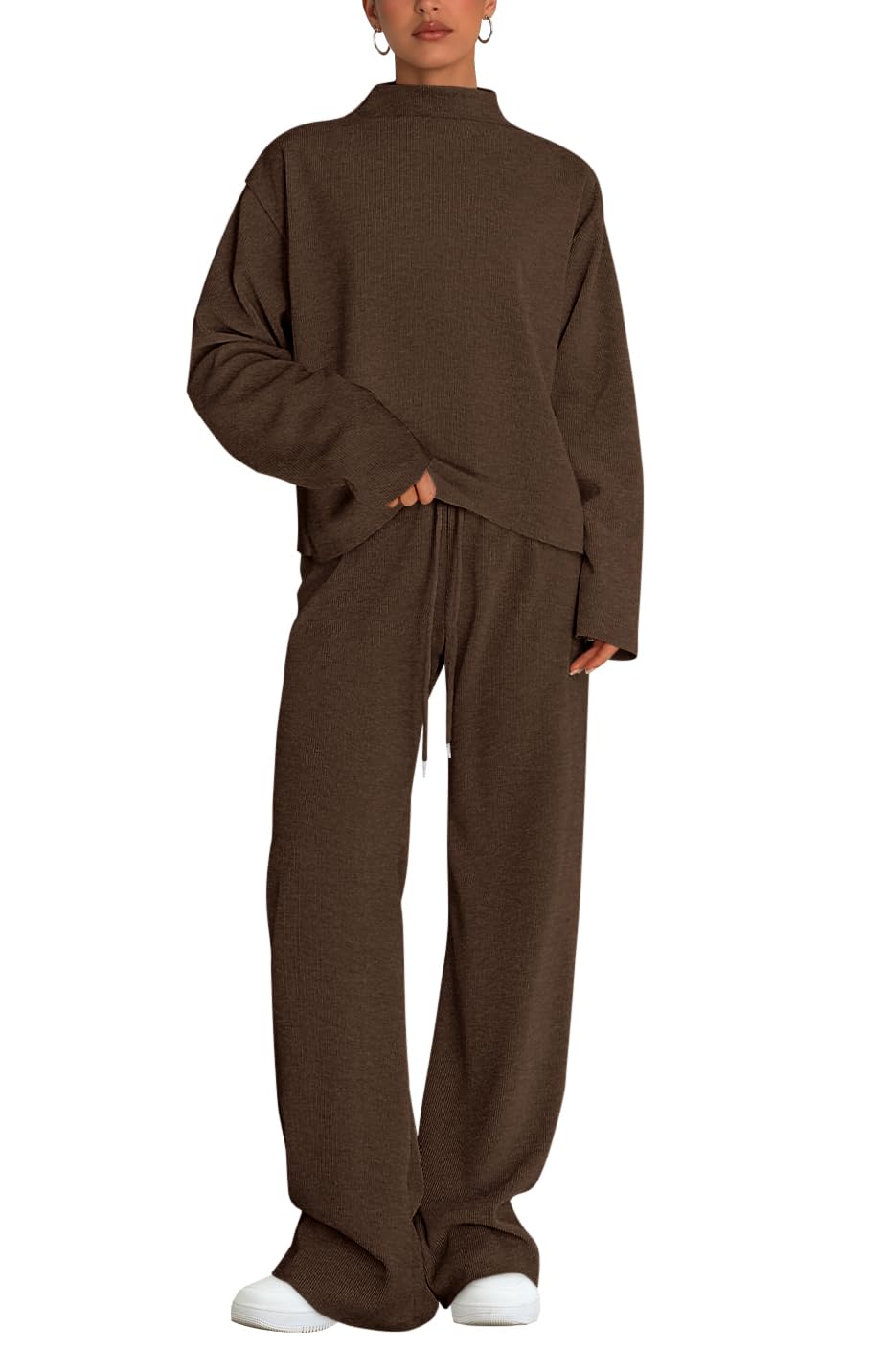 Photo 1 of PRETTYGARDEN Two Piece Sets for Women Fall Sweatsuit Long Sleeve Knit Mock Neck Tops Wide Leg Pants Lounge Set Travel Outfits(Brown,Medium)