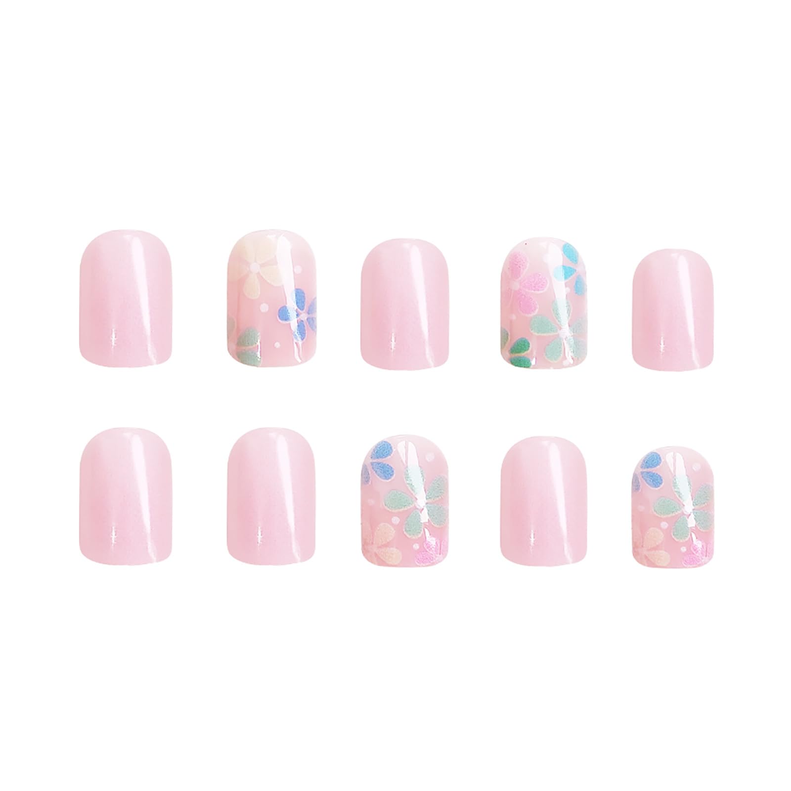 24Pcs Colorful Flower Press-On Nails - Short, Square, Fake, Spring-Summer Nail Art Set, Light Pink Acrylic, Full Cover Glossy False Nails for Women & Girls - Image 3