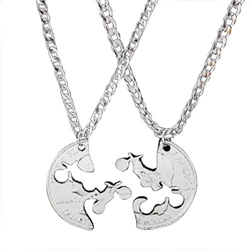 Silver Tone BFF Best Friend 2 Pieces Coin Split Puzzel Motorcycle Pattern Lover Couple Pendant Necklace