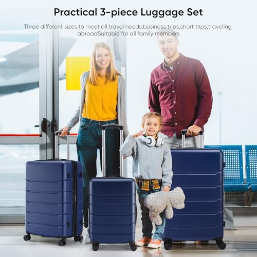 OLIXIS 3-PIECE LUGGAGE SET, 20/24/28 INCH HARDSIDE SUITCASES WITH SPINNER WHEELS, LIGHTWEIGHT ABS HARD SHELL TRAVEL LUGGAGE, TSA APPROVED LOCK, EXPANDABLE CARRY-ON & CHECKED LUGGAGE–BLUE