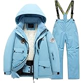 Winter Kids 2 Piece Ski Suit Boys/Girls Thicken Warm Hooded Jacket and Ski Pants Snowsuit Snowboarding Clothes