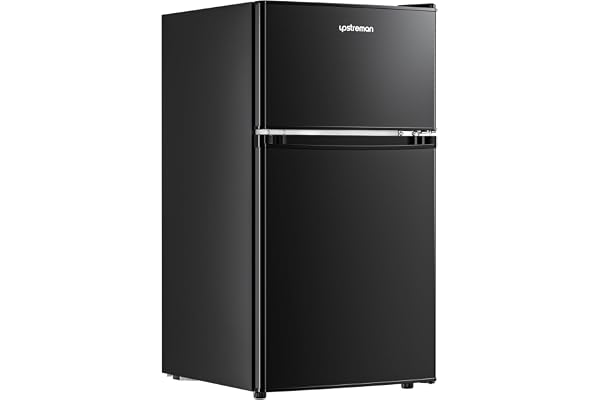 Upstreman 3.2 Cu.Ft Mini Fridge with Freezer, Double Door Mini Fridge, Adjustable Thermostat, Mini Refrigerator for Dorm, Office, Bedroom, Black-BD321