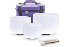 Hye-eu Crystal Singing Bowls Set of 3, 432hz 7"A 9"F 11"D 3pcs Frosted Quartz Chakra Sound Bowl with Carrying Case for Sound 