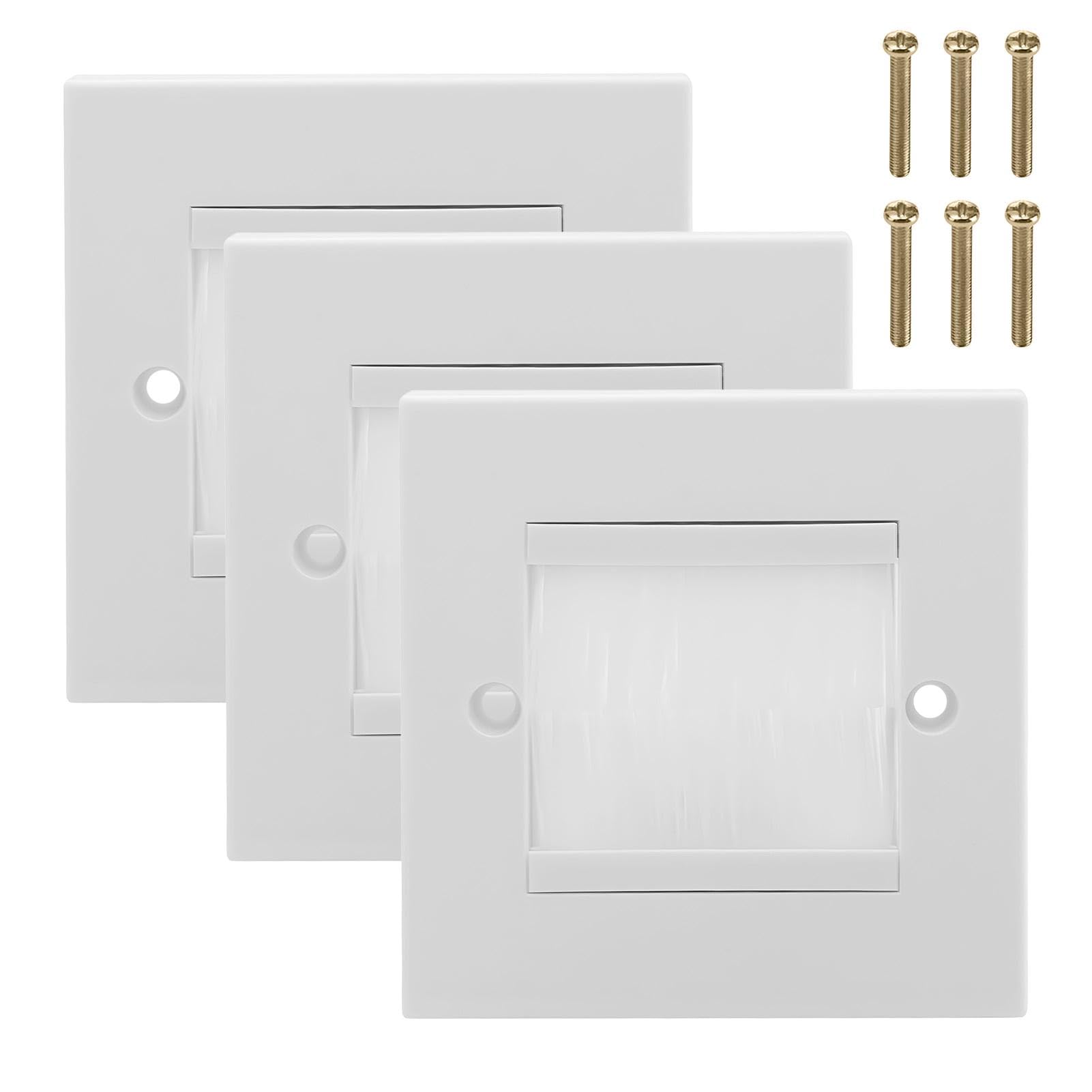 Parthan 3 Pcs Brush Wall Plate, Single Gang White Faceplate with Screws, 8.6cm x 8.6cm Cable Management Entry Plate for Home and Office
