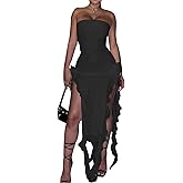 SHESEEWORLD Women's Sexy Fringe Ruffle Sleeveless Backless Off Shoulder Bodycon Split Irregular Hem Maxi Flowy Dress
