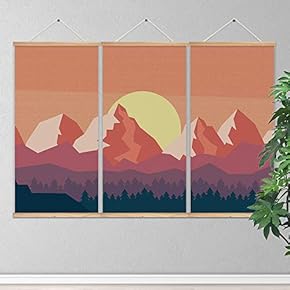 3 Panel Hanging Poster Wooden Framed Sun and Mountain Home Wall Canvas Prints Ready to Hang - 18"x36"x3 Panels