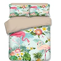 Dodou Flamingos Tropical Plant Pattern Bedding Sets Girls Woman Fresh Garden Style Bedding Sets 100% Polyester Duvet Cover Sets 3pcs (Full)