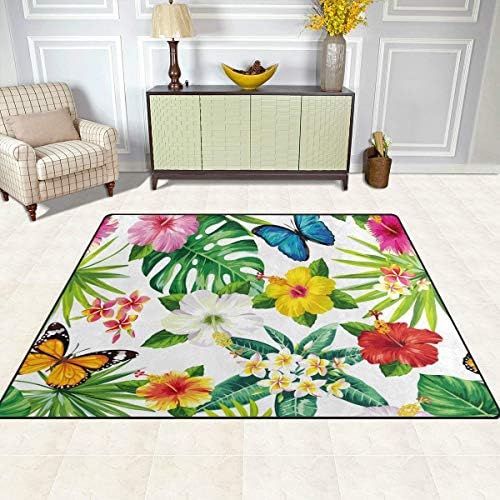 GuoEY Area Rugs Mat Carpet 5'x7', Tropical Floral Flower Butterfly Leaves Polyester Non-Slip Living Room Dining Bedroom Carpet Entrance Floor Mat Home Decor