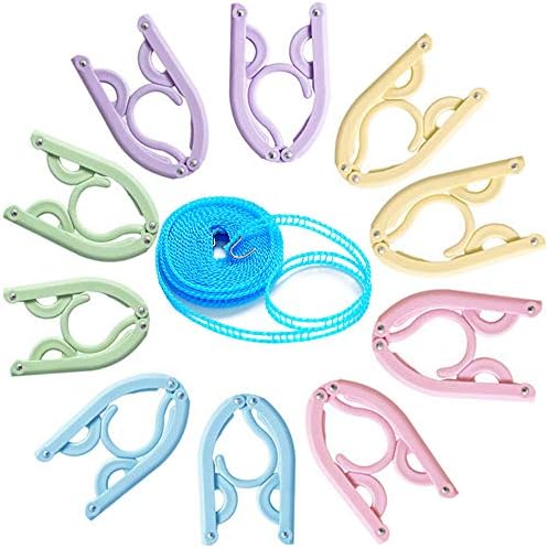 HappyDaily 11 Pack Travel Hangers Set - 10 Pack Portable Non-Slip Travel Foldable Cloth Hangers - One Pack 5 Meters Clothes Drying Line