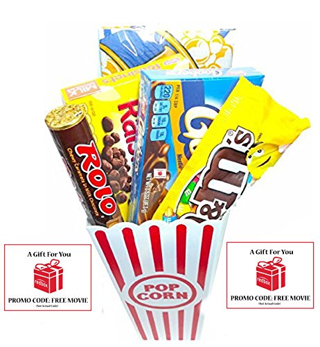 Movie Night Popcorn, Candy And Redbox Movie Gift Basket ~ Includes Movie Theater Butter Popcorn, Concession Stand Candy and a Gift Card for 2 Free Redbox Movie Rentals (Goobers)