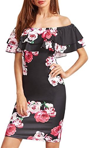 Swimblue dresses Women's Floral Ruffle Off Shoulder Party Sexy Bodycon Dress Black MiniX-Large