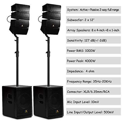 AKUSTIK 12 Inch 4000Watt Powered PA Speaker System Combo Set, DJ Array Speaker Set with Remote
