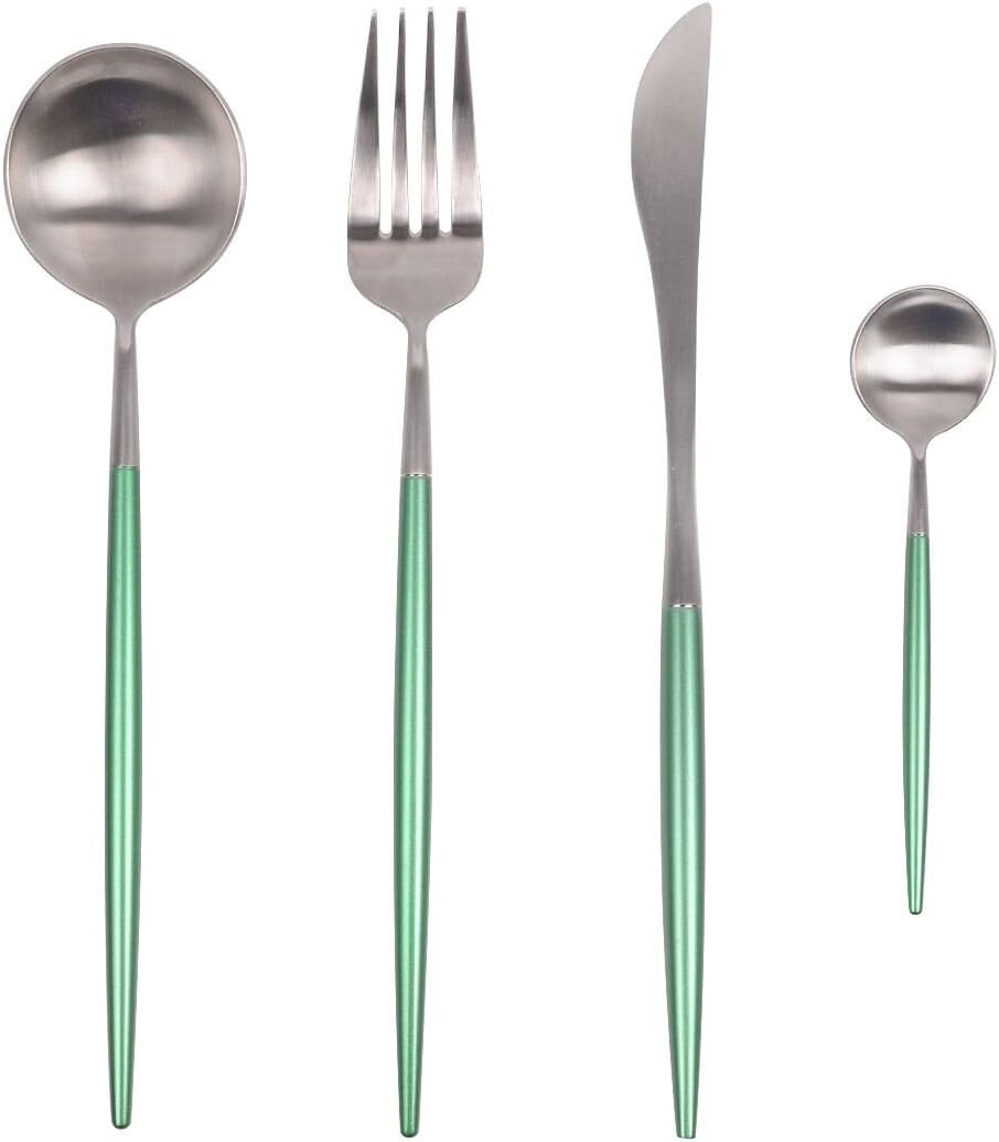 Richday Stainless Steel Flatware Set for Home Kitchen Restaurant Hotel (Green + Silver)