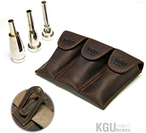Trumpet Mouthpiece Pouch KGUBrass Leather Crazy Horse Brown. Handmade (TRIPLE, Vintage Brown with orange thread)