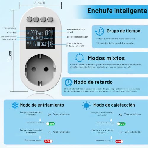 Aygrochy Adjustable Extractor Fan 125 mm, Extraction Fan 416 m³/h, Socket with Timer, Delay and Temperature and Humidity Sensor, for Growing Tents, Ventilation | Socket with timer, time and temperature and humidity sensors für Hydrokulturen,Belüftung.