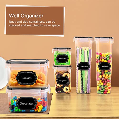 PRAKI Airtight Food Storage Container Set with Lids, 16 Pcs Plastic Dry Food Canisters for Kitchen Pantry Organizers and Storage, Ideal for Cereal, Flour & Sugar - Labels, Marker(Black)
