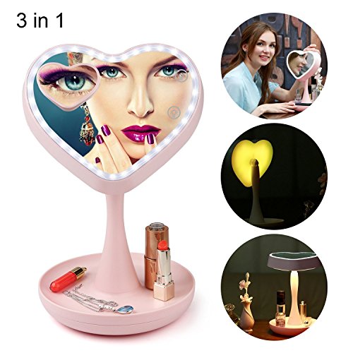 Makeup Mirror with Light, ProCIV Heart Shaped Vanity Cosmetic LED Mirror High-definition Creative Table Lamp, 7- Color Changing Night Light For Bedroom & Home Decoration