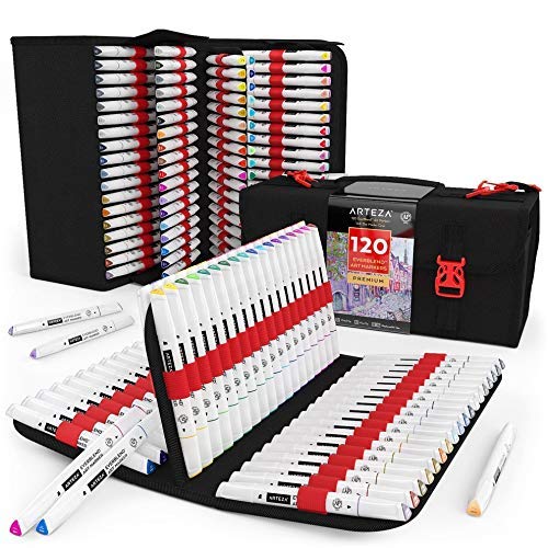 ARTEZA Everblend Art Markers in Organizer Case, 120 Colors, Alcohol Based Sketch Markers with Dual Tips (Fine and Broad Chisel) for Painting & Drawing